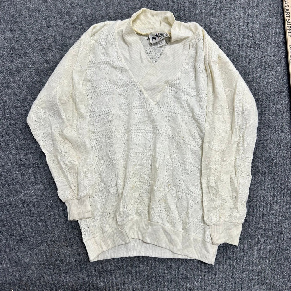 Peppermint Casuals Sweater Womens Medium Cream Diamond Pointelle Knit USA V-Neck